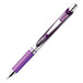 A close-up of a Pentel Violet EnerGel pen with a gray barrel and silver accents.