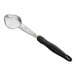 A black and silver metal perforated oval spoon with a handle.