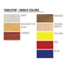 A yellow, red, and white rectangular MDF table top with wood grain texture.