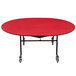 A red National Public Seating oval cafeteria table with a black ProtectEdge and black metal legs.