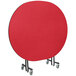 A red oval table with a black metal stand.