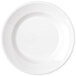 A close-up of a white Carlisle polycarbonate soup bowl with a round rim.