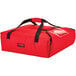 A red Cambro insulated delivery bag with black straps.