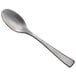 A close-up of a Oneida Lexia stainless steel demitasse coffee spoon with a metal handle.