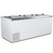 An Excellence white flip lid ice cream dipping cabinet with three lids.