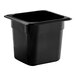 A black square Cambro plastic food pan with a lid.