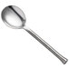 A silver spoon with a long handle.