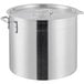 A Choice standard weight aluminum stock pot with a lid.