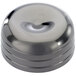 A silver round lid with a circular surface for a black metal Barfly shaker.