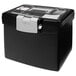 A black Storex portable letter file storage box with a white lid.