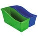 Two green and blue Storex plastic interlocking book bins.