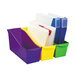 Colorful Storex plastic book bins used to store file folders.