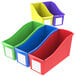 A red, blue, green, yellow, and purple Storex plastic book bins.