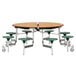 A National Public Seating round cafeteria table with green seats on metal legs.