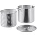 A silver aluminum stock pot with a lid and strainer basket.