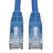 A close-up of a blue Tripp Lite Cat6 Ethernet cable with snagless connectors.