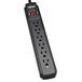 A black Tripp Lite surge suppressor power strip with 6 outlets and a green light.