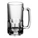 An Anchor Hocking clear glass beer mug with a handle.