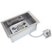 A rectangular stainless steel hot food well with a metal cover on a counter.
