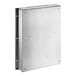 A stainless steel metal box with a metal door and holes for knives.