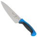 A Mercer Culinary Millennia Colors chef knife with a blue handle.