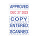 A close-up of blue and red text on a white background using a Trodat 5-in-1 micro date stamp.