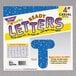 A box of blue sparkle uppercase letters and numbers with a blue background.
