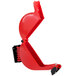 A red plastic Turn-O-Matic countertop dispenser with a black handle for white tickets.