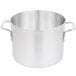 A close-up of a silver Vollrath Arkadia aluminum stock pot with handles.