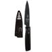 A Mercer Culinary black paring knife with sheath.