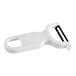 A white peeler with a black handle.