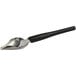 A silver stainless steel spoon with a black handle.