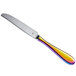 A silver knife with a colorful rainbow handle.