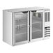 A stainless steel underbar height back bar refrigerator with two glass doors and interior shelving.