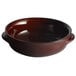 A brown Acopa Keystone stoneware bowl with handles.