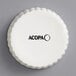 A white Acopa stoneware souffle dish with black text.