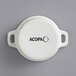 A white round Acopa stoneware mini casserole dish with black text.