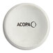 A white round Acopa stoneware ramekin with black text.