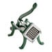 A manual French fry cutter with a green handle and metal grid for slicing potatoes into 1/2 inch fries.
