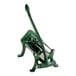 A green metal French fry cutter with a long handle and sturdy base.