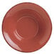 A red Libbey Farmhouse soup bowl with a black border.
