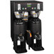A black Bunn BrewWISE dual coffee brewer with silver containers.