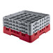 A red and gray plastic Cambro glass rack with extenders.