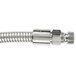 A close-up of a stainless steel hose with a metal connector.