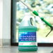 A green bottle of Unger EasyGlide concentrated glass cleaner on a window sill.