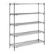 A chrome wire shelving unit with five adjustable shelves.