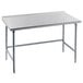 A stainless steel Advance Tabco work table with legs.