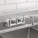 A T&S silver metal wall mounted pantry faucet with two handles and a 12" swing nozzle.