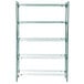 A green Metro wire shelving unit with four shelves.