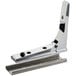 A chrome metal bracket with holes.